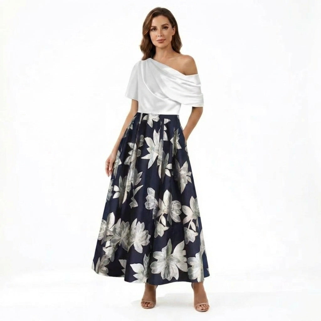 Women’s One Shoulder Midi Dress – A Line Floral Satin