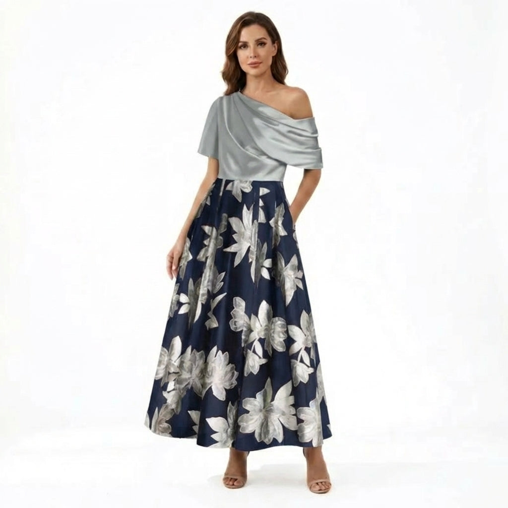 Women’s One Shoulder Midi Dress – A Line Floral Satin
