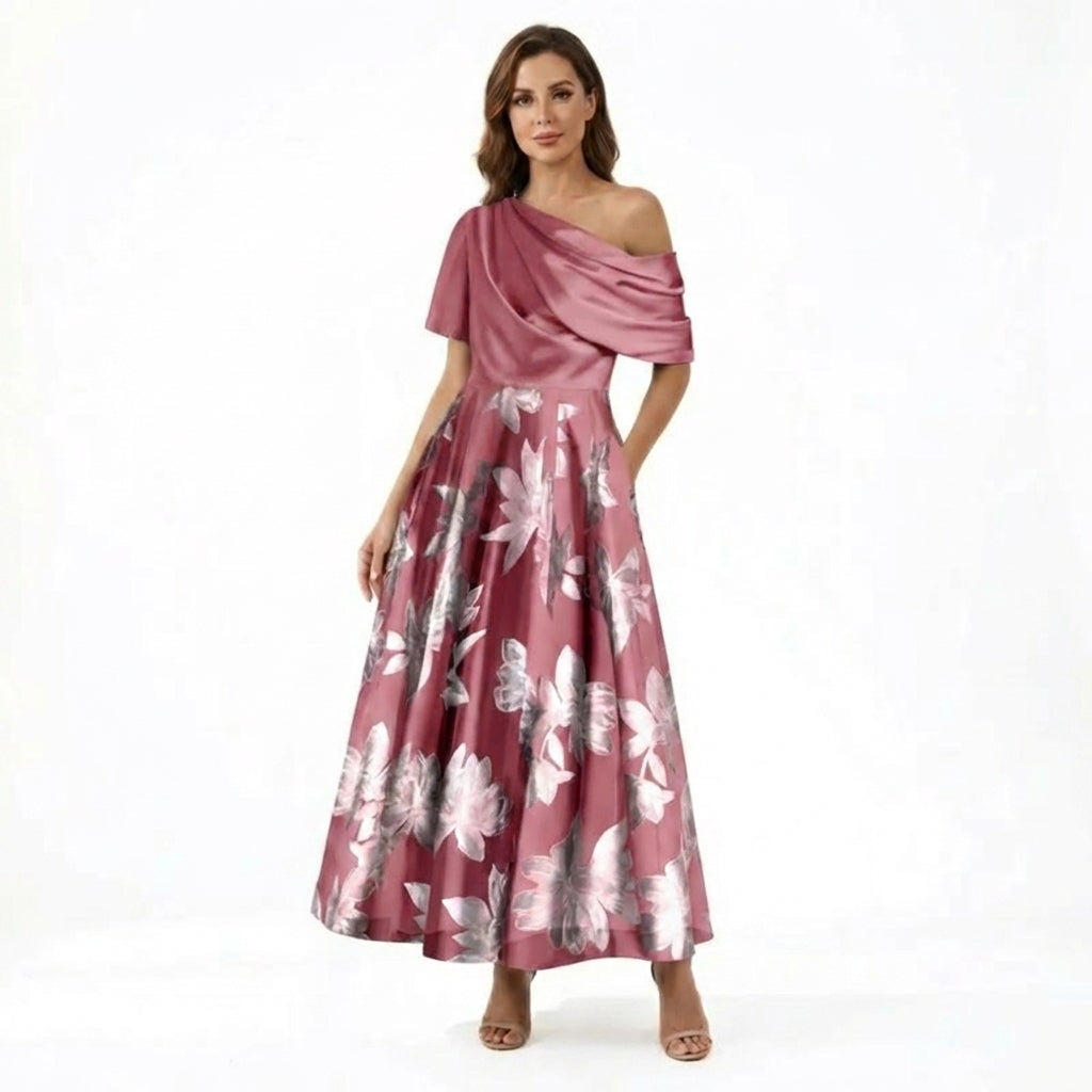 Women’s One Shoulder Midi Dress – A Line Floral Satin