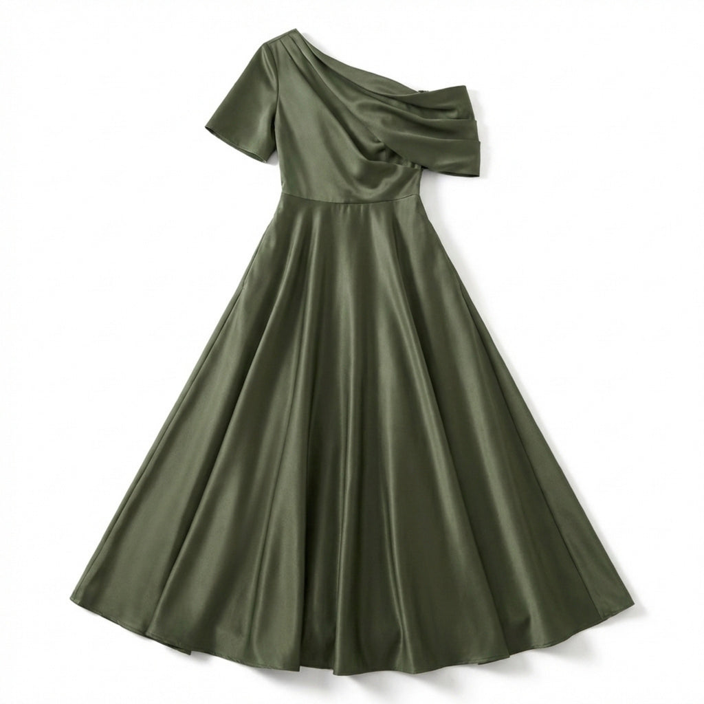 Women’s One Shoulder Midi Dress – A Line Satin