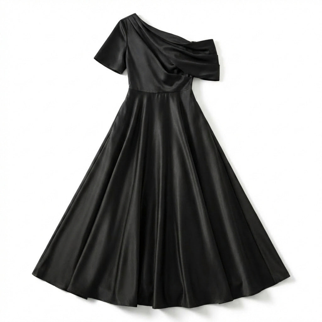 Women’s One Shoulder Midi Dress – A Line Satin