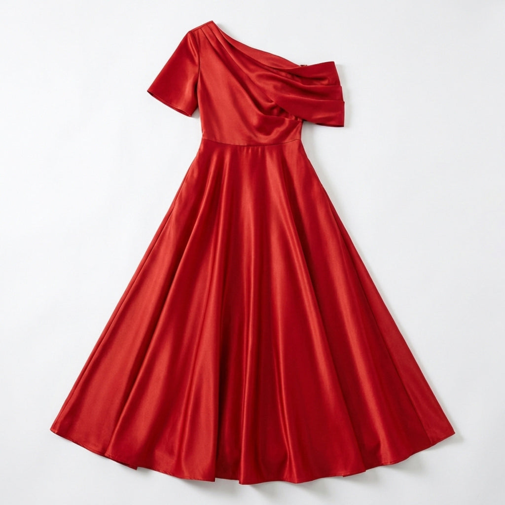 Women’s One Shoulder Midi Dress – A Line Satin