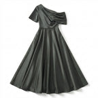Women’s One Shoulder Midi Dress – A Line Satin