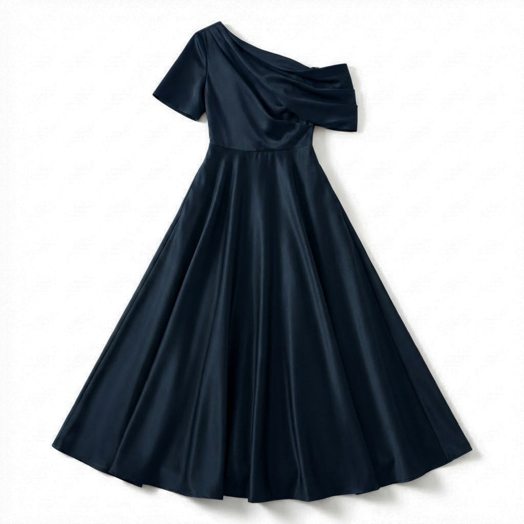 Women’s One Shoulder Midi Dress – A Line Satin