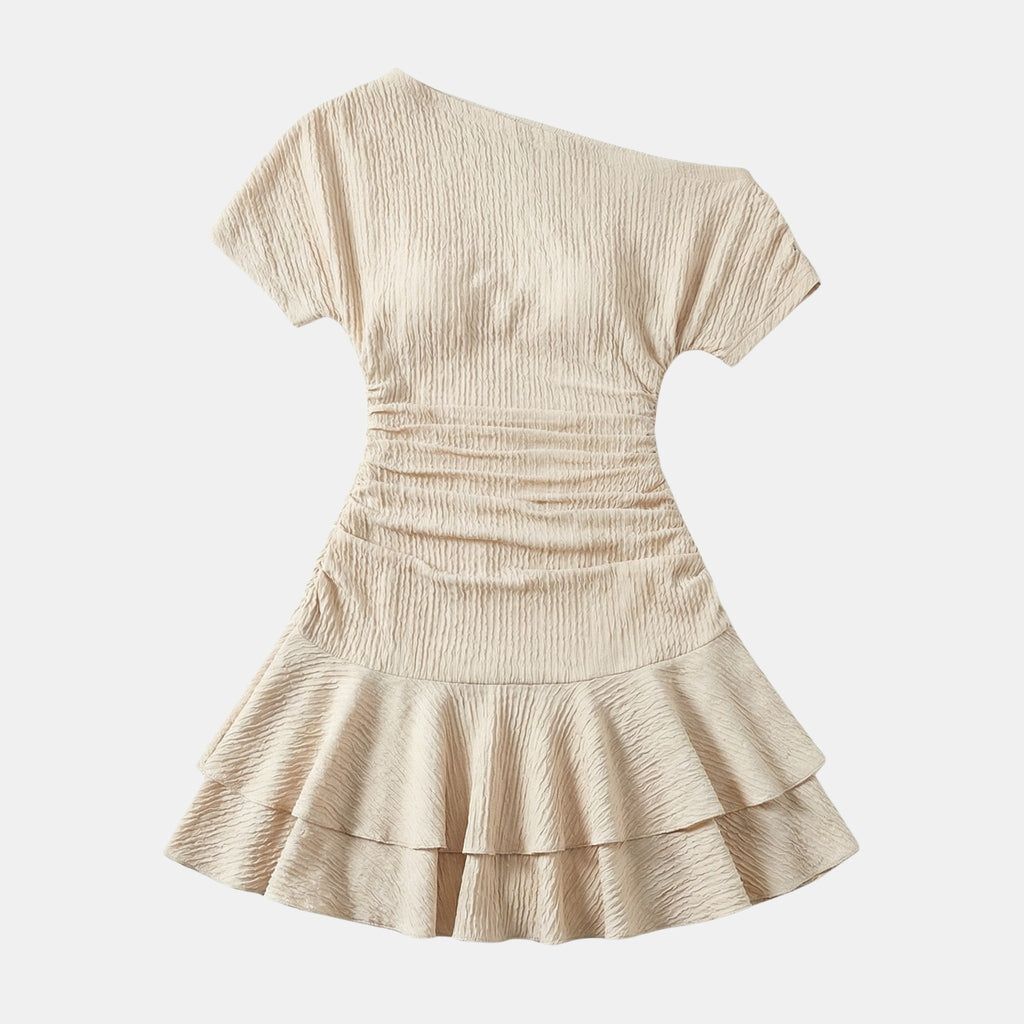 Women’s One Shoulder Ruched Mini Dress – Ruffle Hem Bodycon Design