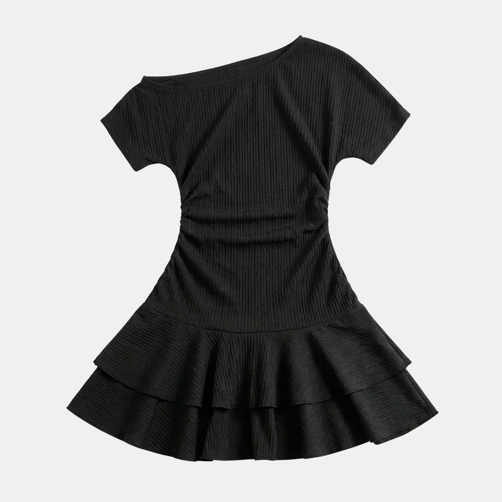 Women’s One Shoulder Ruched Mini Dress – Ruffle Hem Bodycon Design