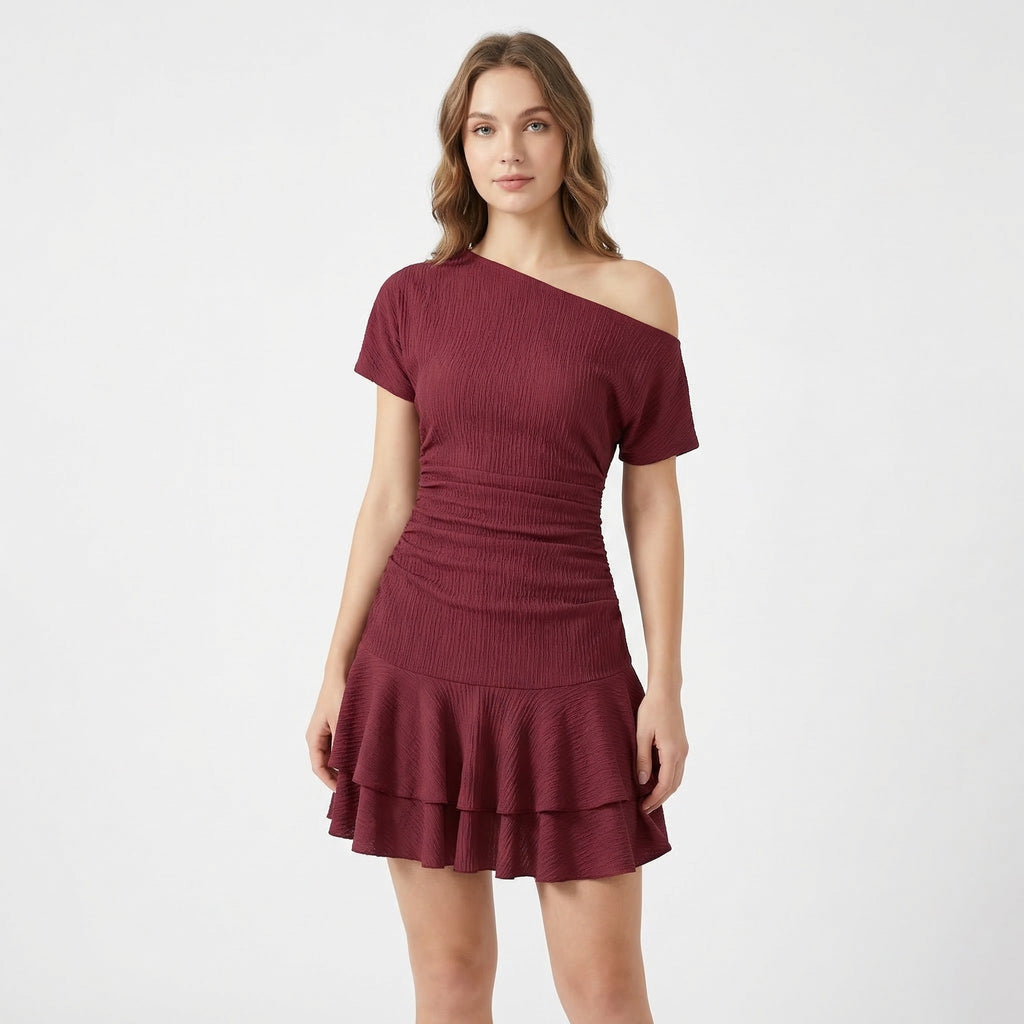 Women’s One Shoulder Ruched Mini Dress – Ruffle Hem Bodycon Design