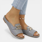 Women’s Open Toe Slide Sandals – Platform Sole Buckle Detail