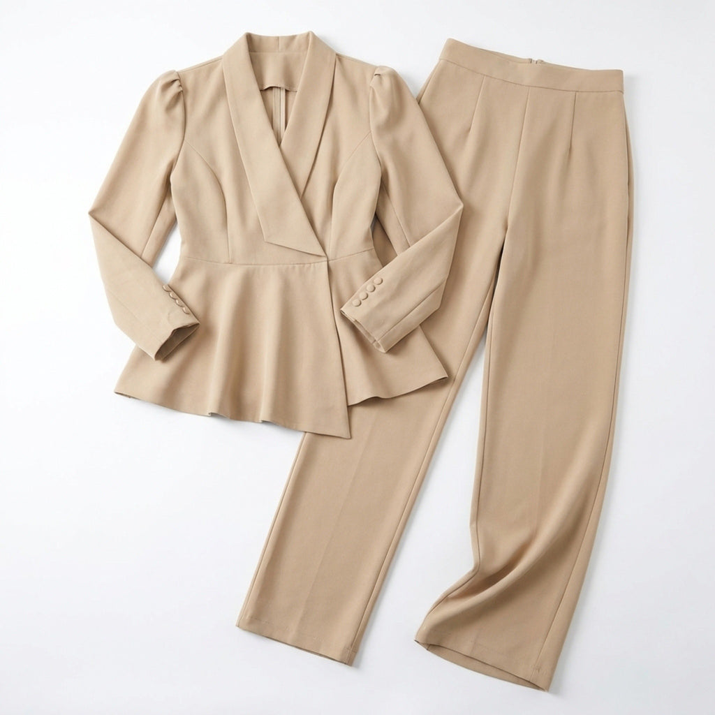 Women’s Peplum Two Piece Set – Wrap Blazer and Wide Leg Trousers
