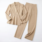 Women’s Peplum Two Piece Set – Wrap Blazer and Wide Leg Trousers