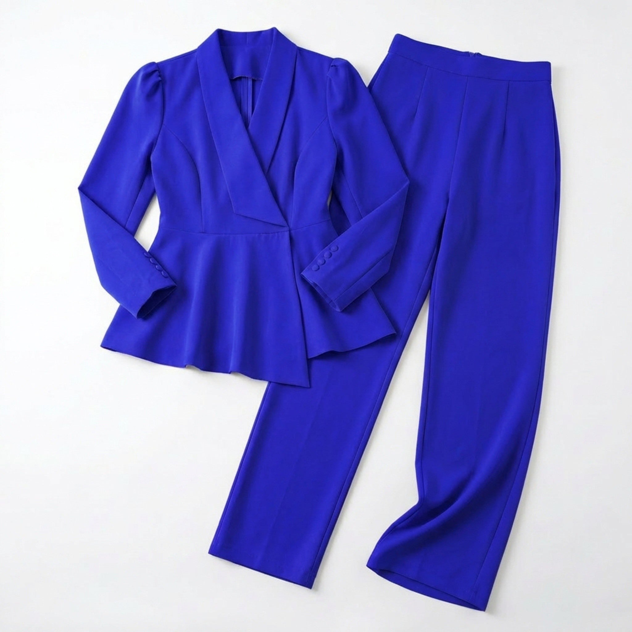 Women’s Peplum Two Piece Set – Wrap Blazer and Wide Leg Trousers