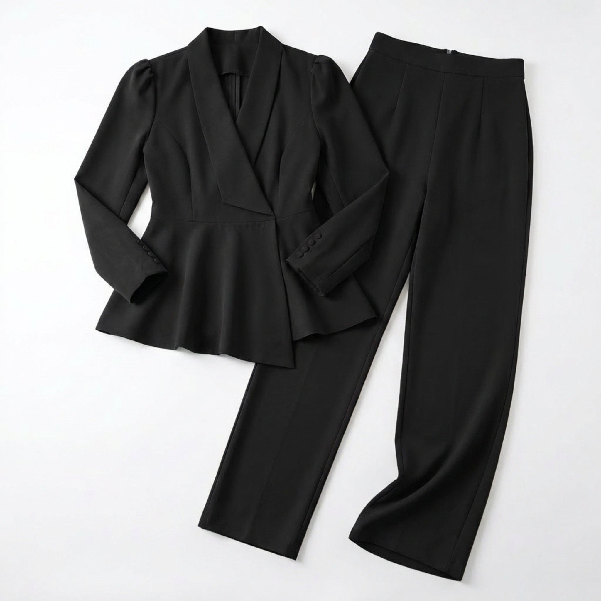 Women’s Peplum Two Piece Set – Wrap Blazer and Wide Leg Trousers