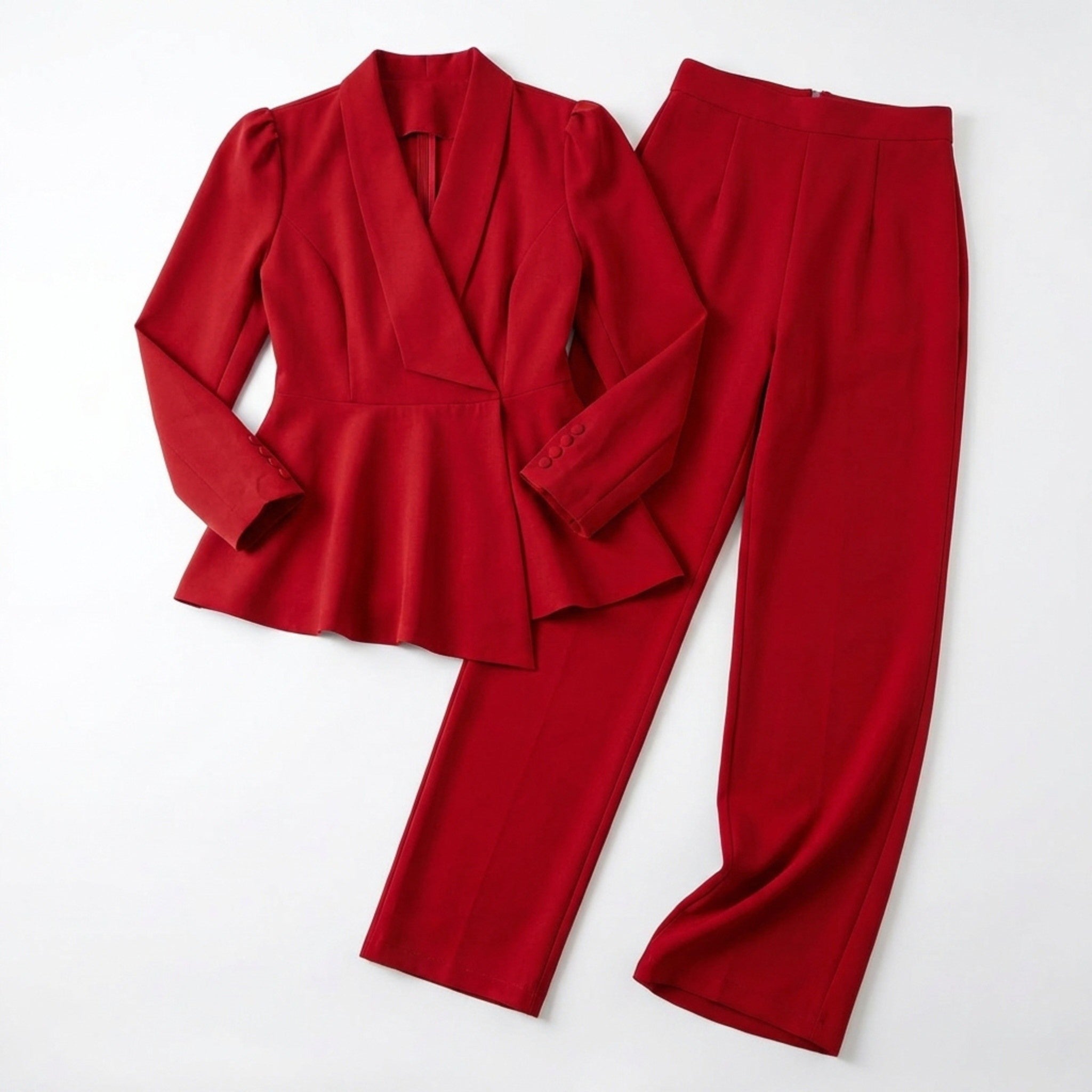 Women’s Peplum Two Piece Set – Wrap Blazer and Wide Leg Trousers
