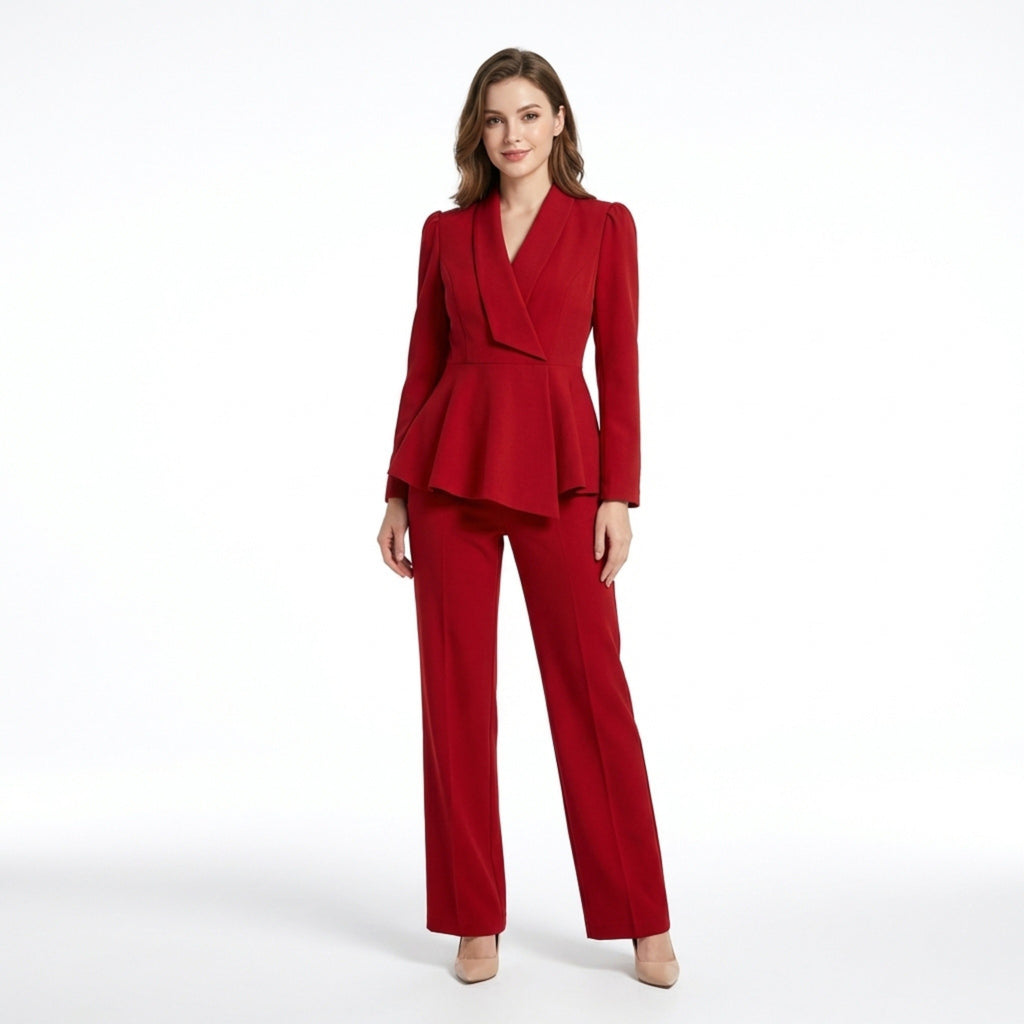 Women’s Peplum Two Piece Set – Wrap Blazer and Wide Leg Trousers