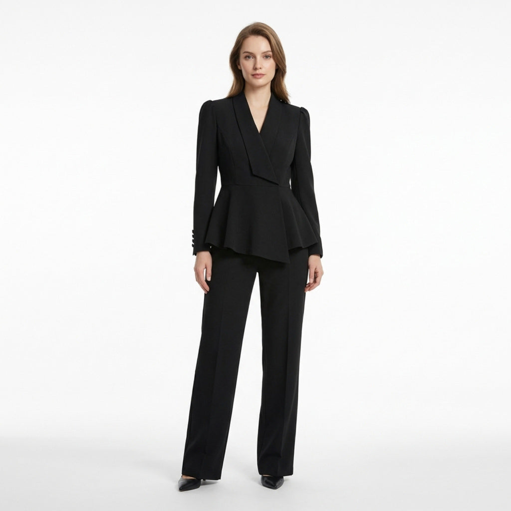 Women’s Peplum Two Piece Set – Wrap Blazer and Wide Leg Trousers