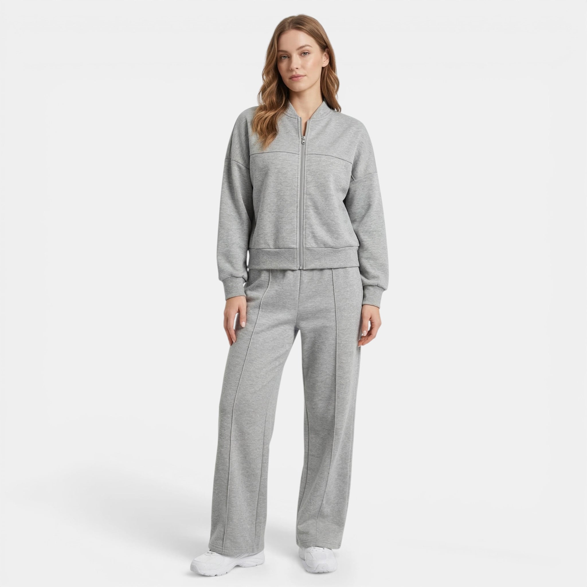 Women’s Plus Size Two-Piece Set – Zip-Up Jacket and Straight Leg Pants