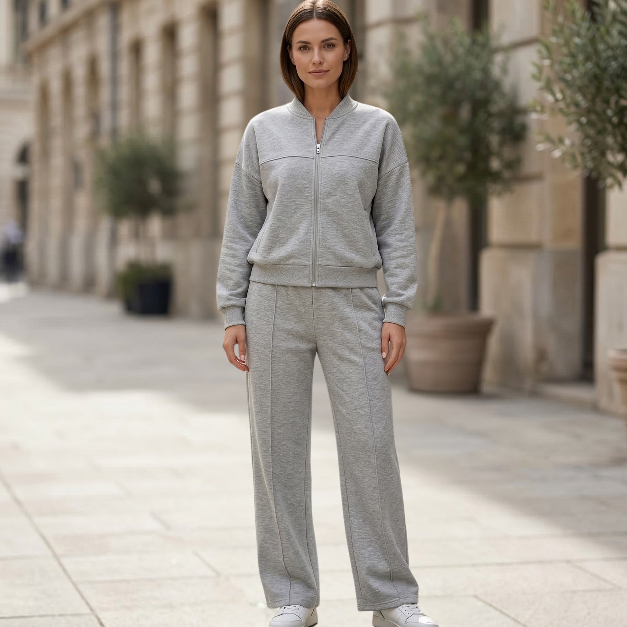 Women’s Plus Size Two-Piece Set – Zip-Up Jacket and Straight Leg Pants