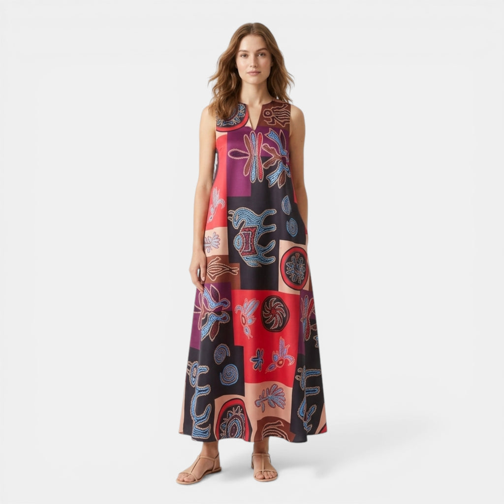 Women’s Printed A-Line Dress – Sleeveless V-Neck