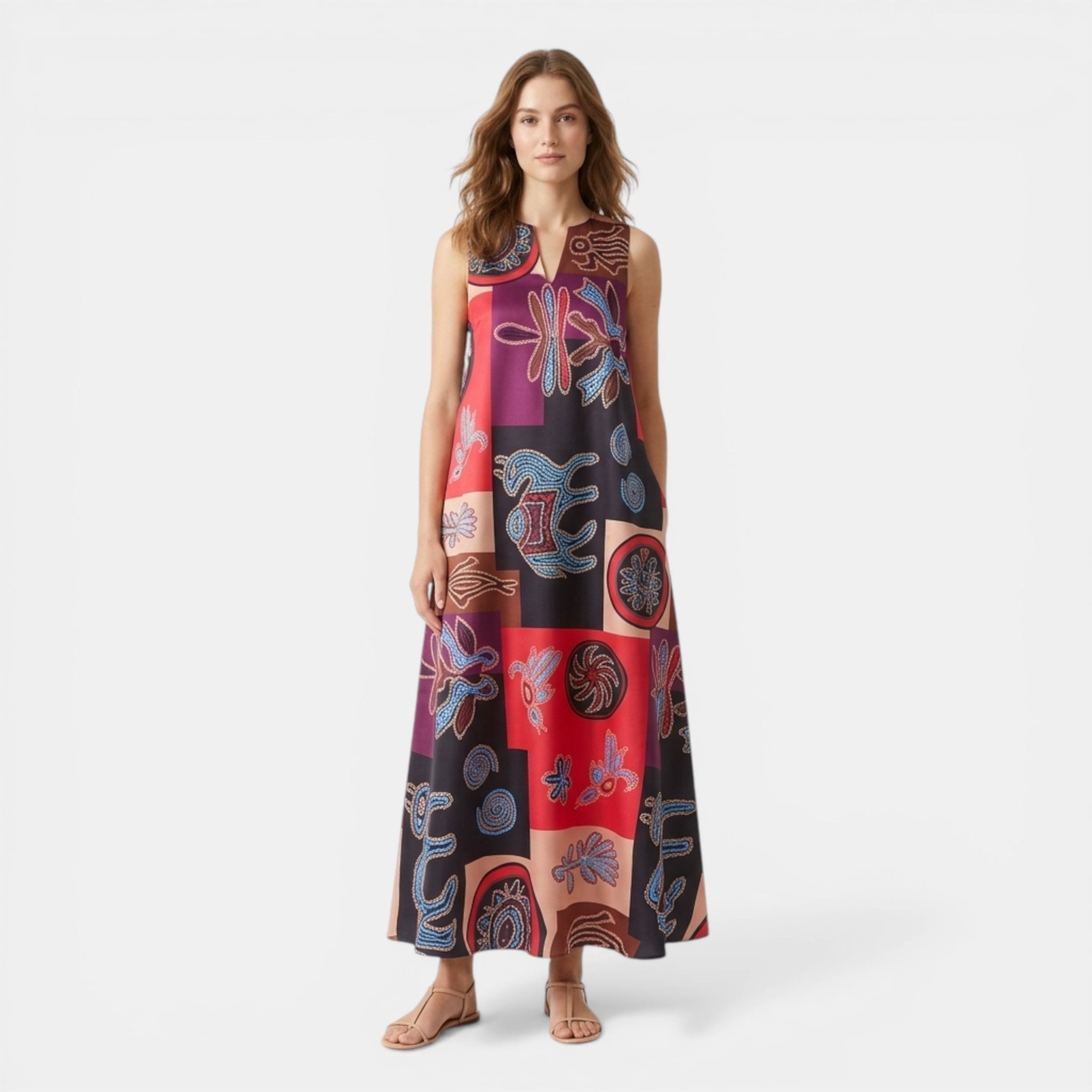 Women’s Printed A-Line Dress – Sleeveless V-Neck
