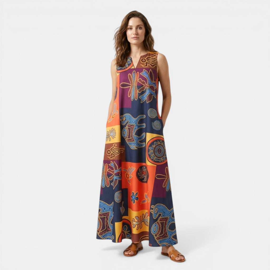 Women’s Printed A-Line Dress – Sleeveless V-Neck