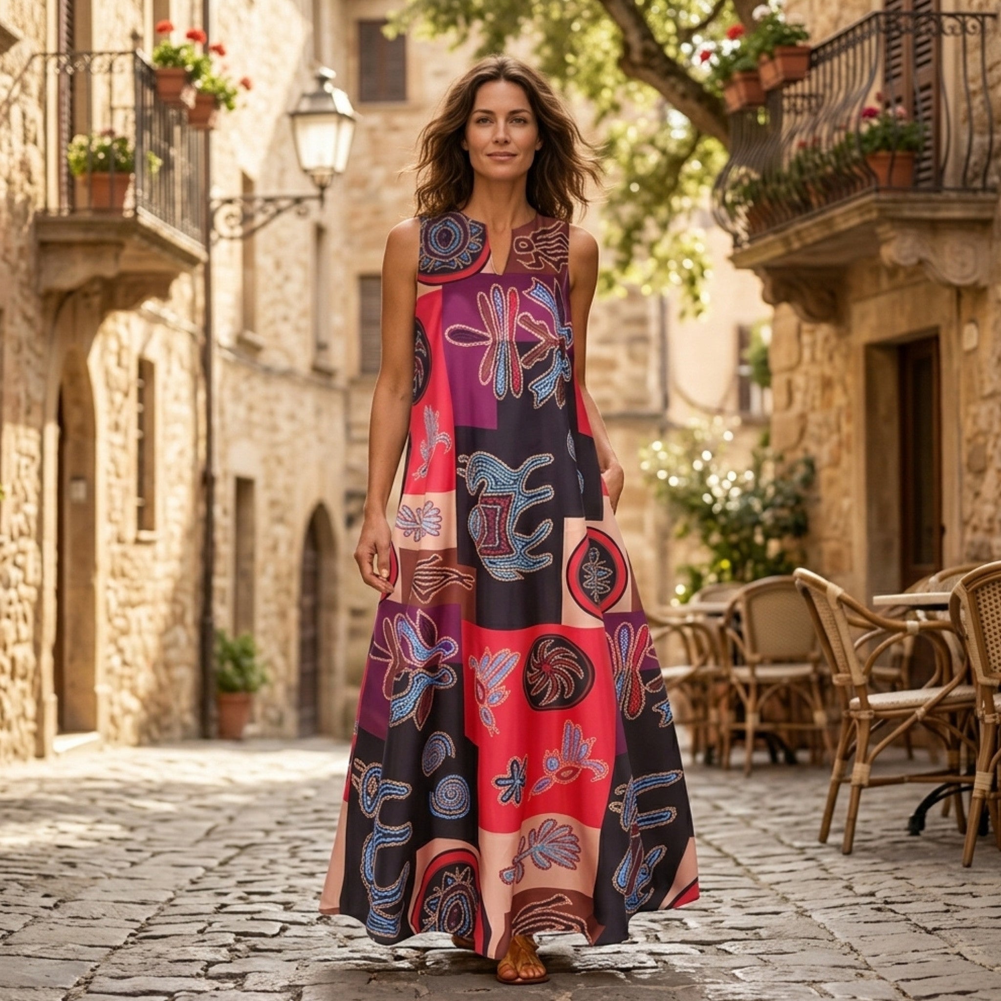 Women’s Printed A-Line Dress – Sleeveless V-Neck