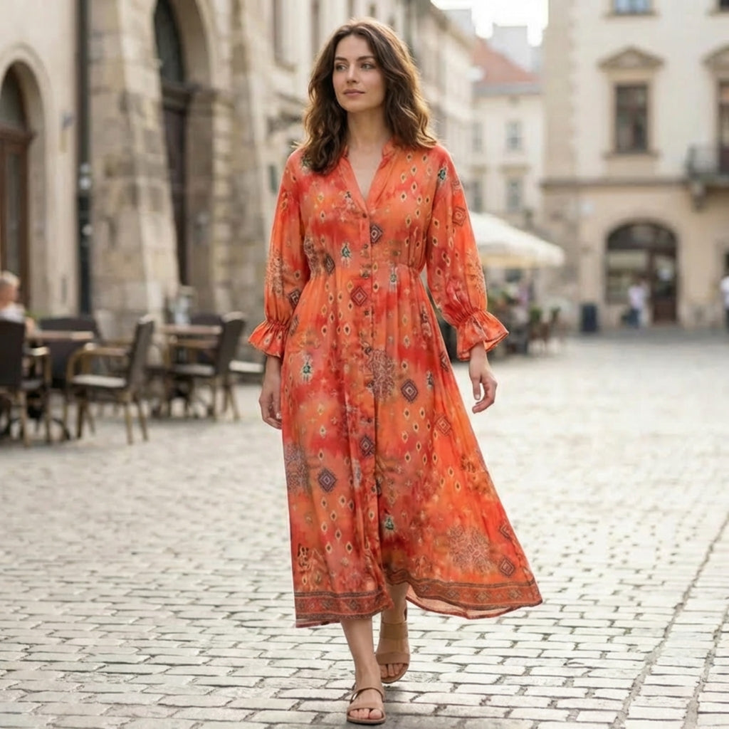 Women’s Printed Button Front Dress – Long Sleeve Loose Fit Design