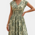 Women’s Printed Maxi Dress – V-Neck Shirred Waist
