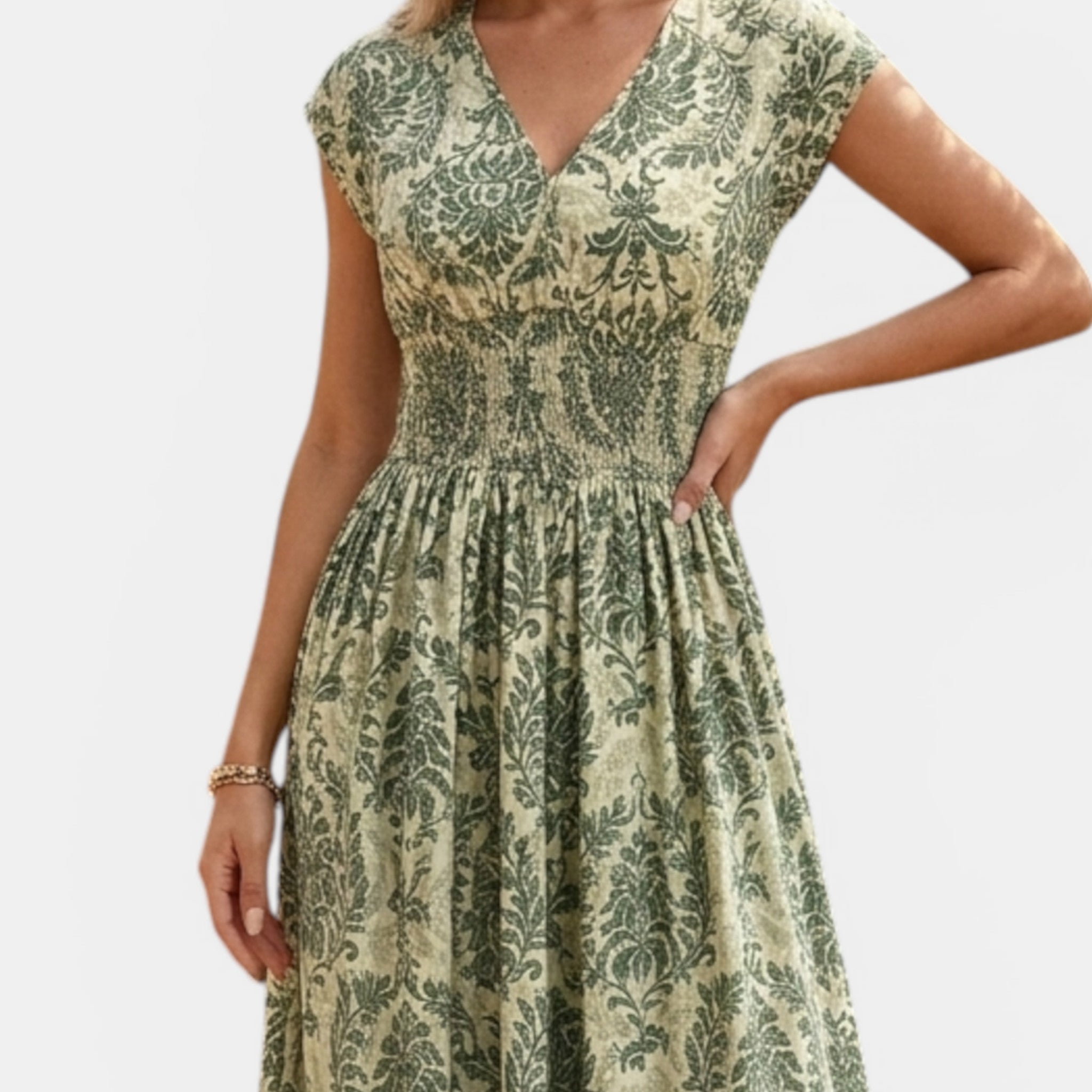 Women’s Printed Maxi Dress – V-Neck Shirred Waist
