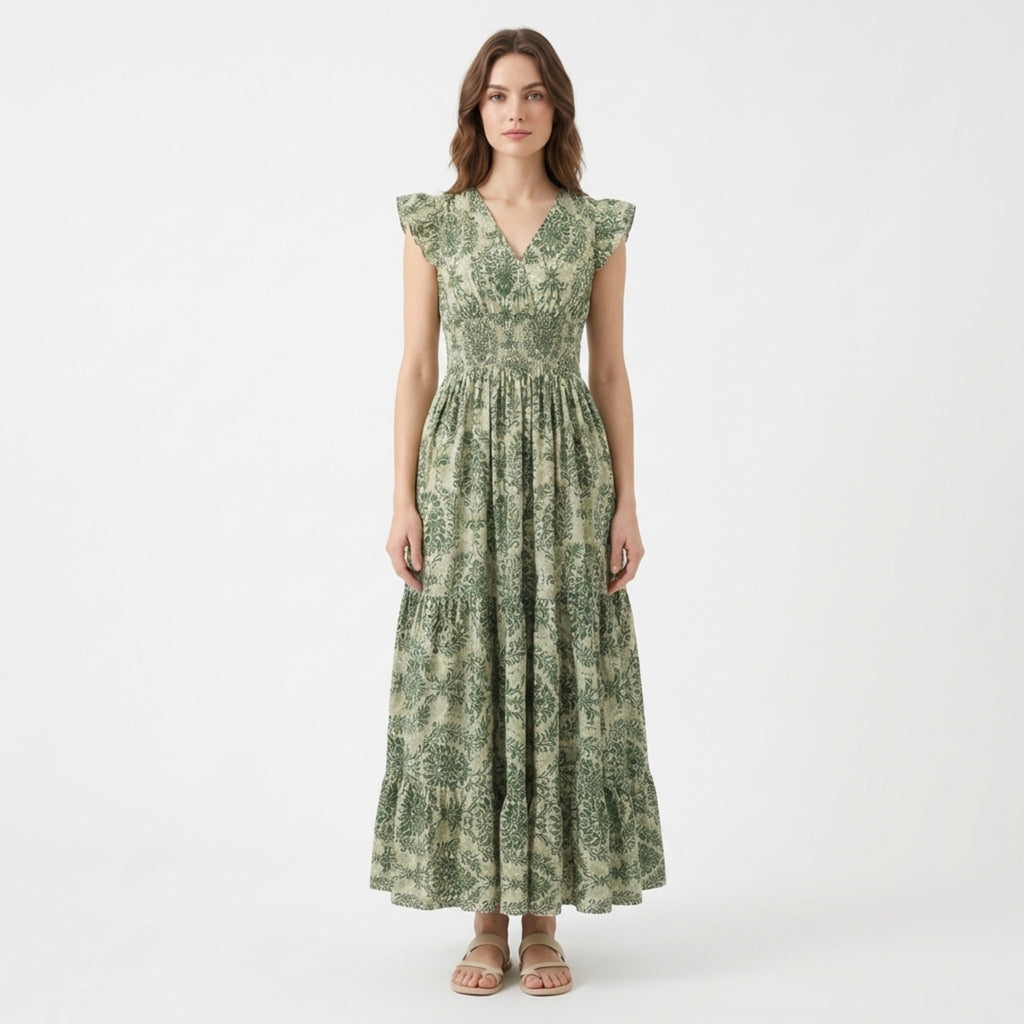 Women’s Printed Maxi Dress – V-Neck Shirred Waist