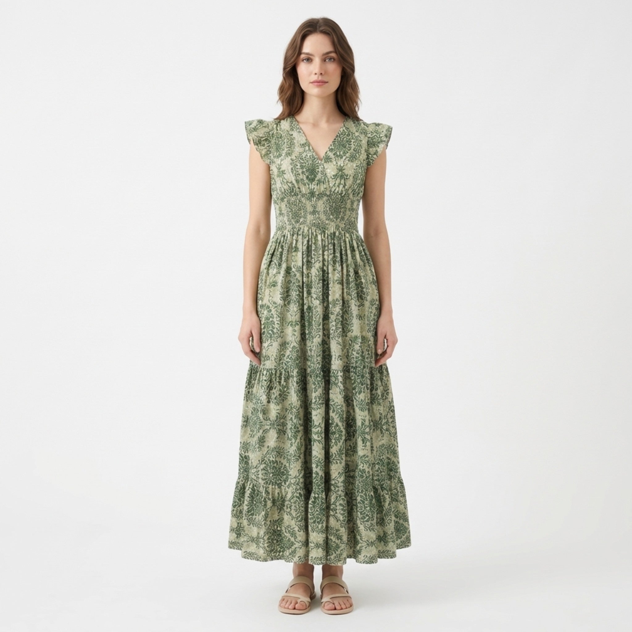Women’s Printed Maxi Dress – V-Neck Shirred Waist