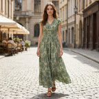 Women’s Printed Maxi Dress – V-Neck Shirred Waist