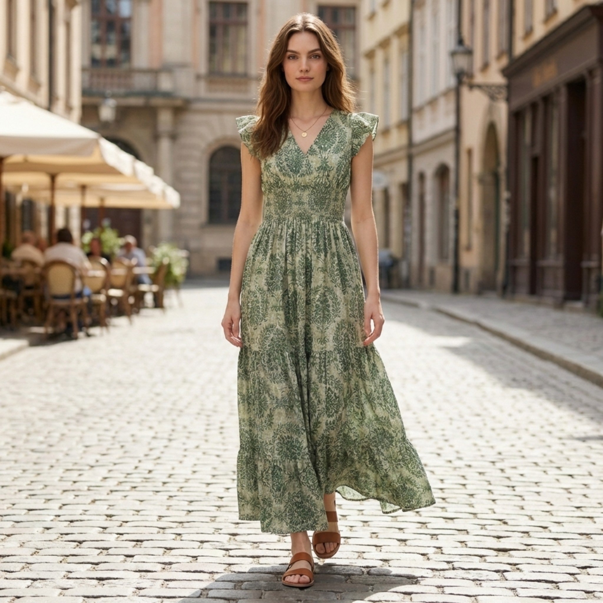 Women’s Printed Maxi Dress – V-Neck Shirred Waist