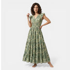Women’s Printed Maxi Dress – V-Neck Shirred Waist
