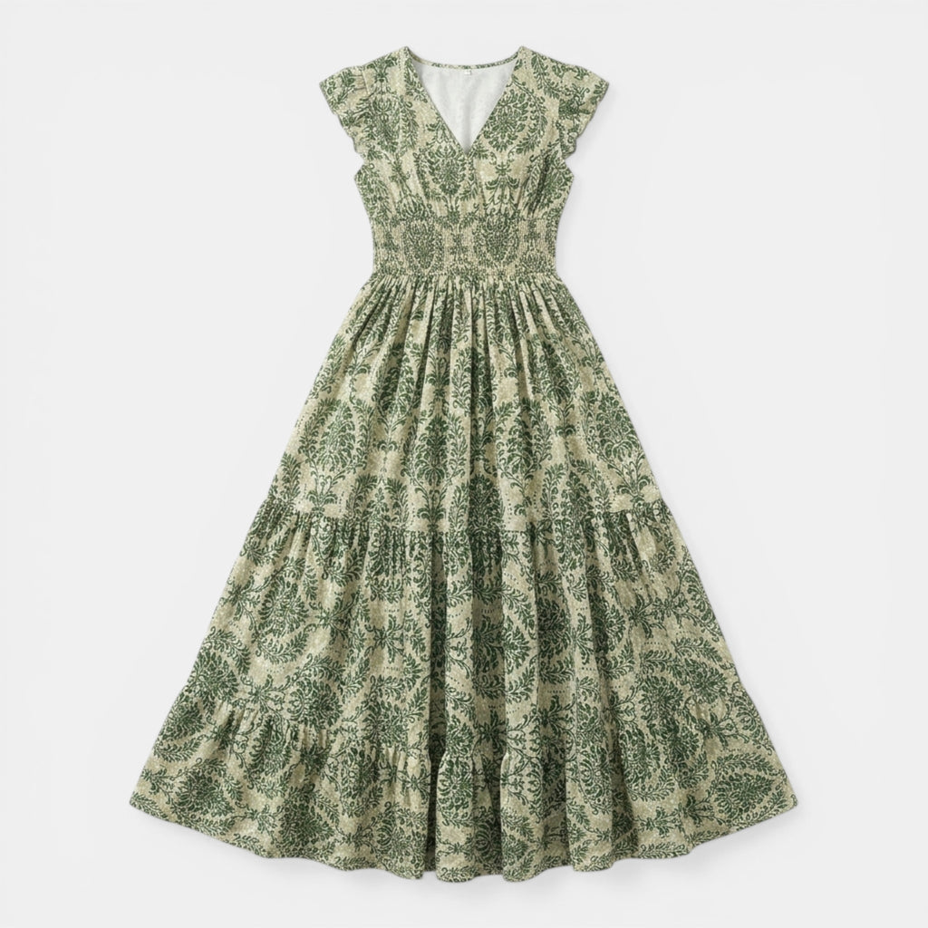 Women’s Printed Maxi Dress – V-Neck Shirred Waist