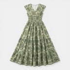 Women’s Printed Maxi Dress – V-Neck Shirred Waist