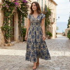 Women’s Printed Maxi Dress – V Neck Tiered A-Line
