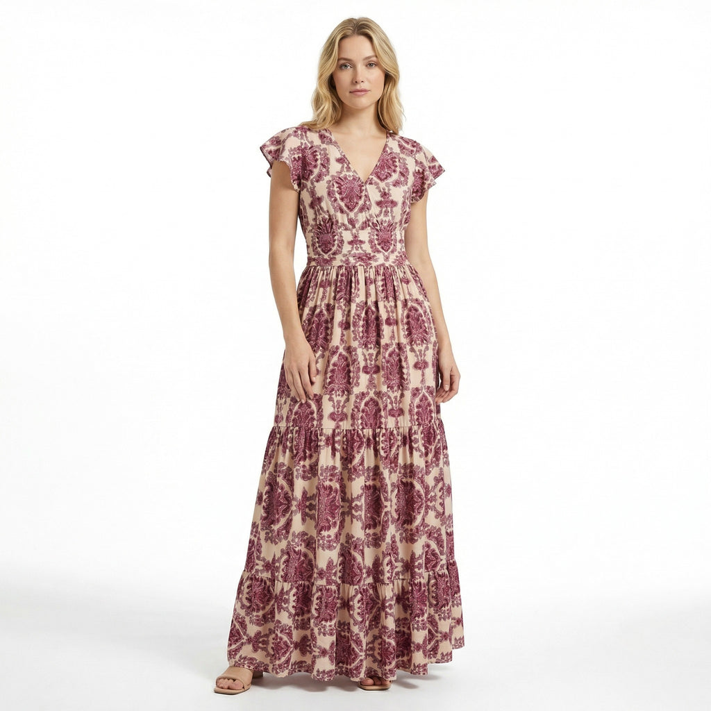 Women’s Printed Maxi Dress – V Neck Tiered A-Line