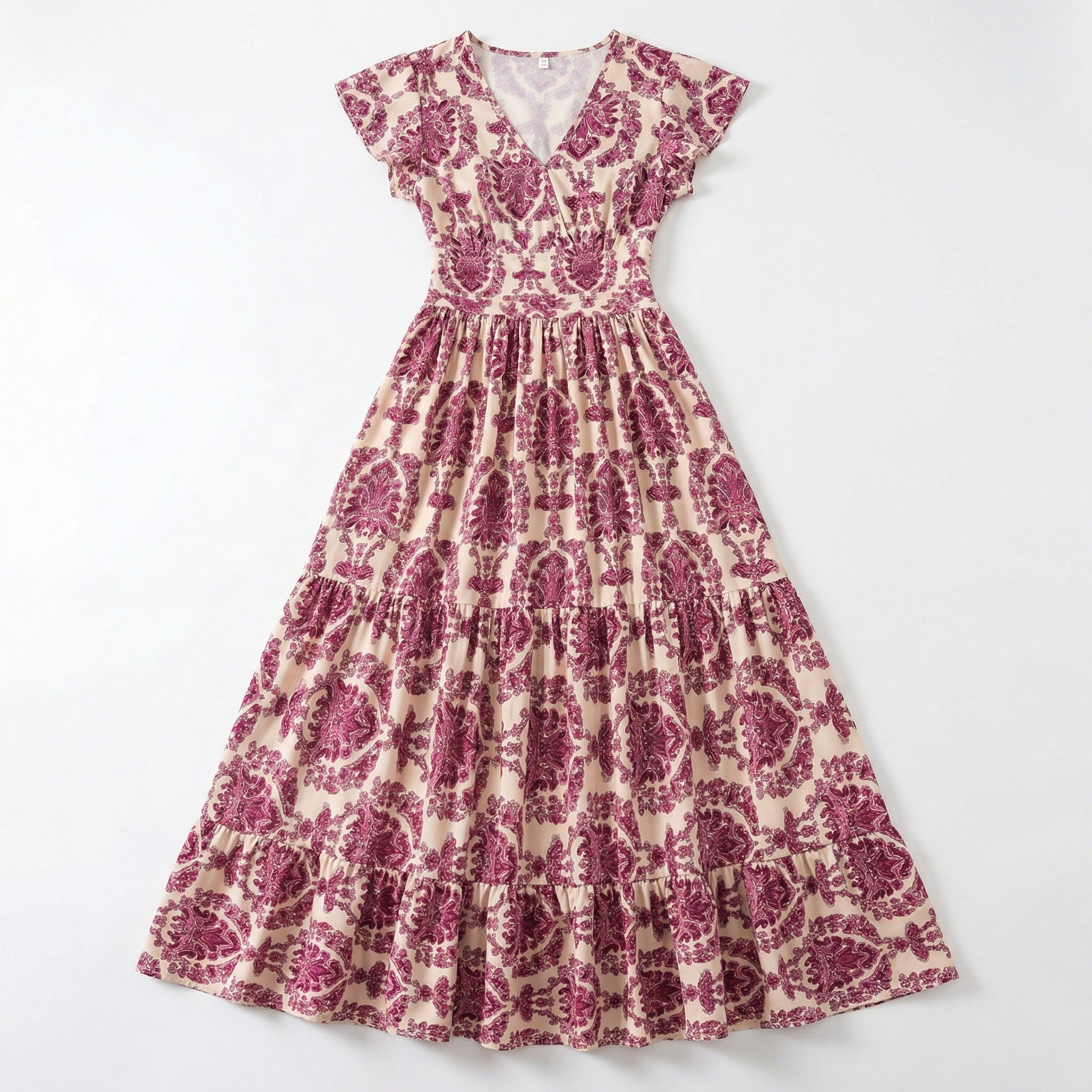 Women’s Printed Maxi Dress – V Neck Tiered A-Line