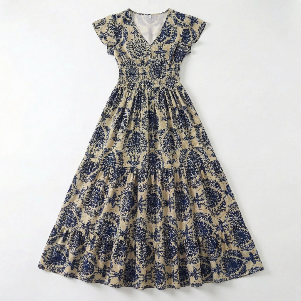 Women’s Printed Maxi Dress – V Neck Tiered A-Line