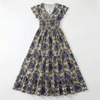 Women’s Printed Maxi Dress – V Neck Tiered A-Line
