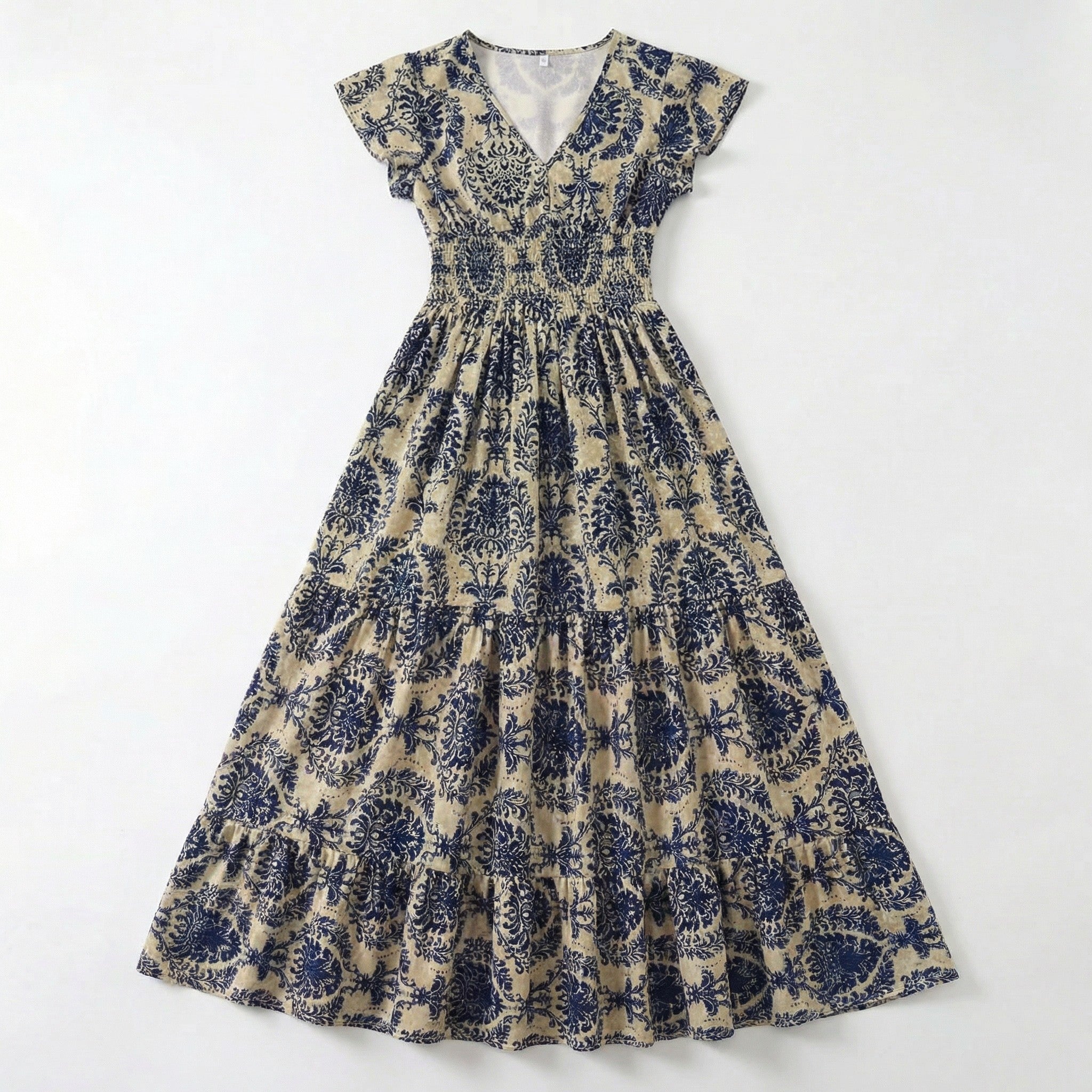 Women’s Printed Maxi Dress – V Neck Tiered A-Line