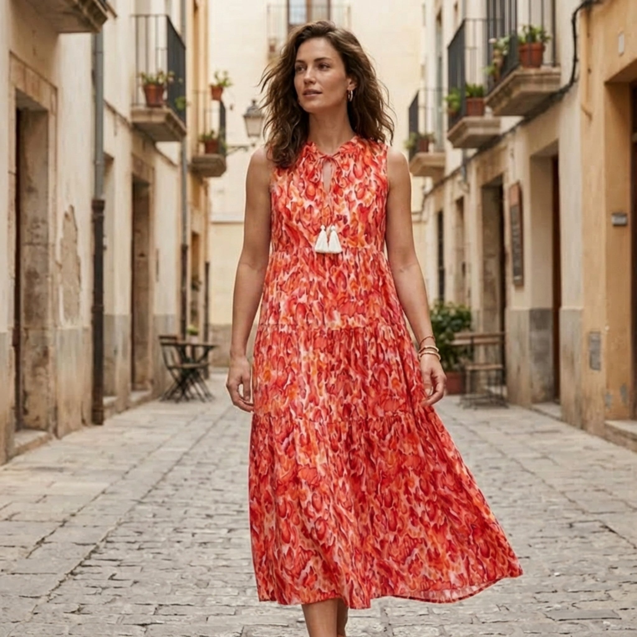 Women’s Printed Midi Dress – Sleeveless Tassel Tie