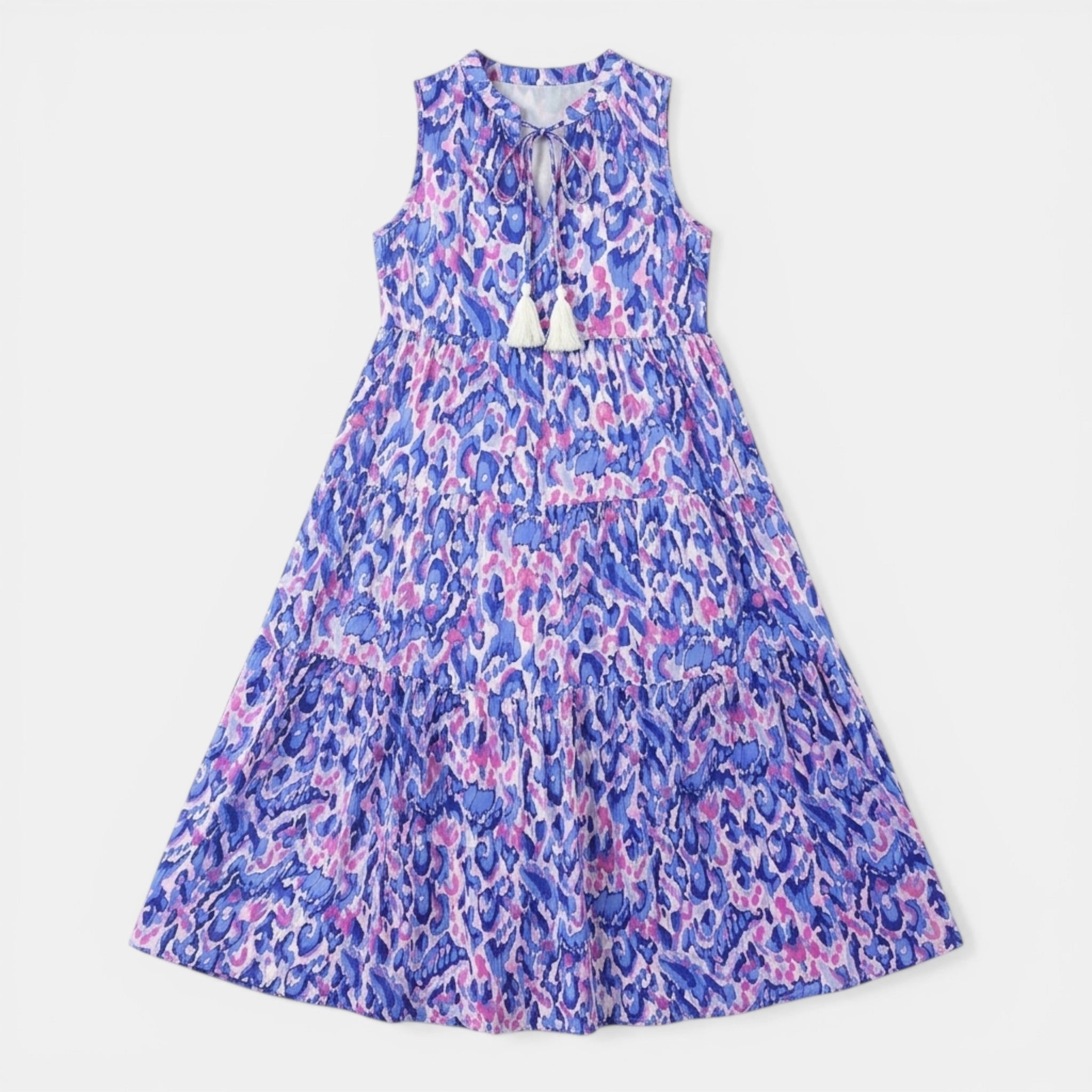 Women’s Printed Midi Dress – Sleeveless Tassel Tie