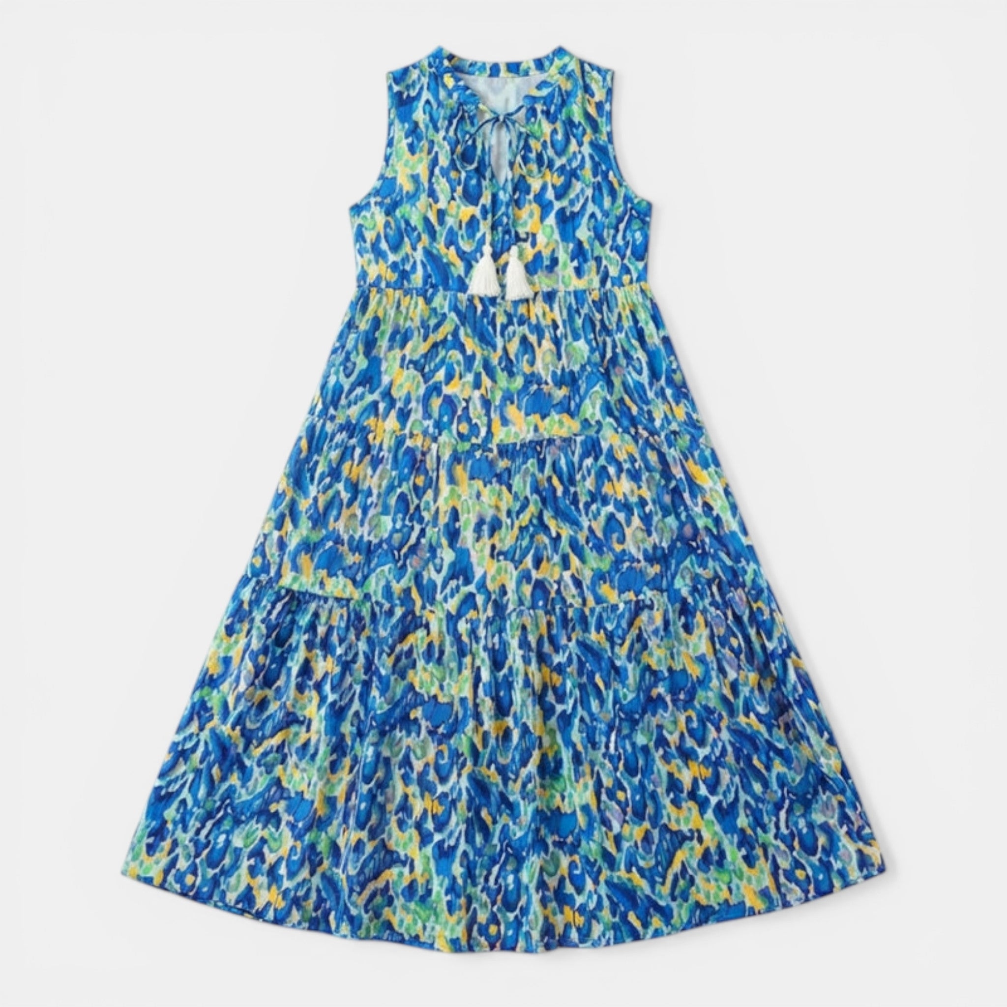 Women’s Printed Midi Dress – Sleeveless Tassel Tie