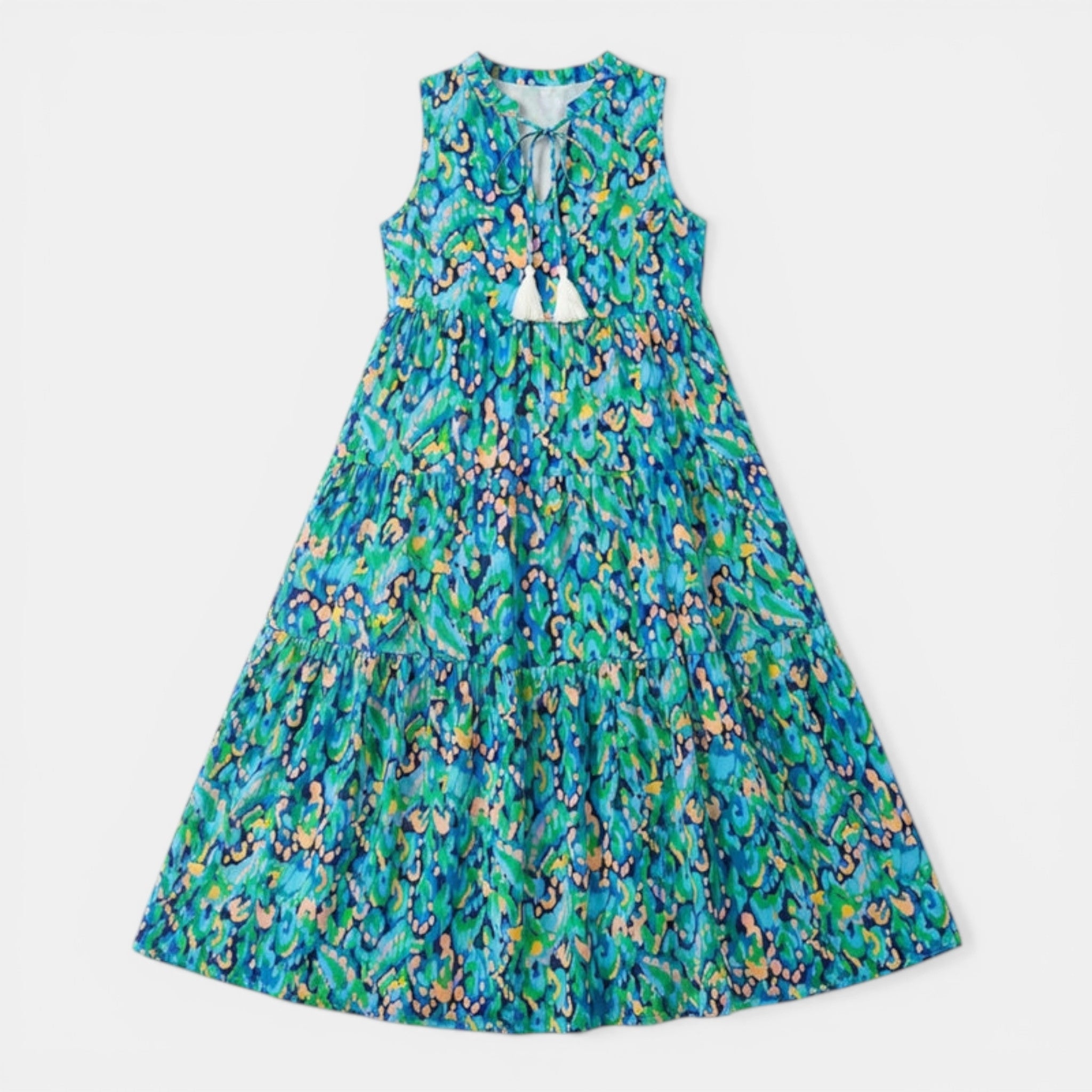 Women’s Printed Midi Dress – Sleeveless Tassel Tie
