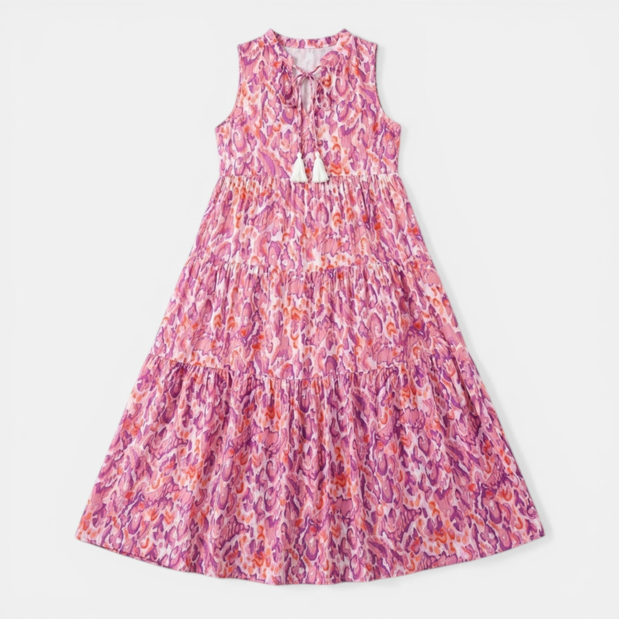 Women’s Printed Midi Dress – Sleeveless Tassel Tie