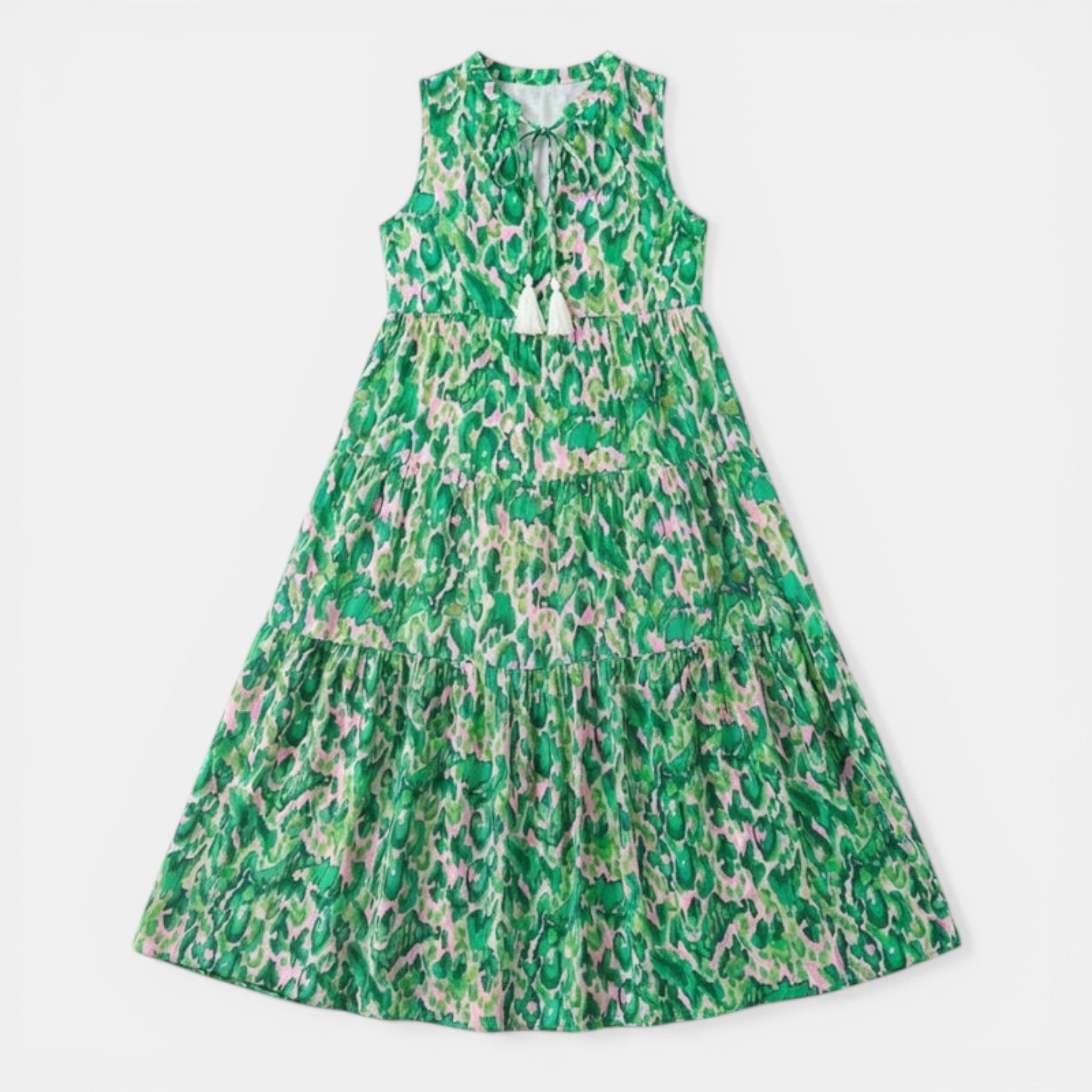 Women’s Printed Midi Dress – Sleeveless Tassel Tie