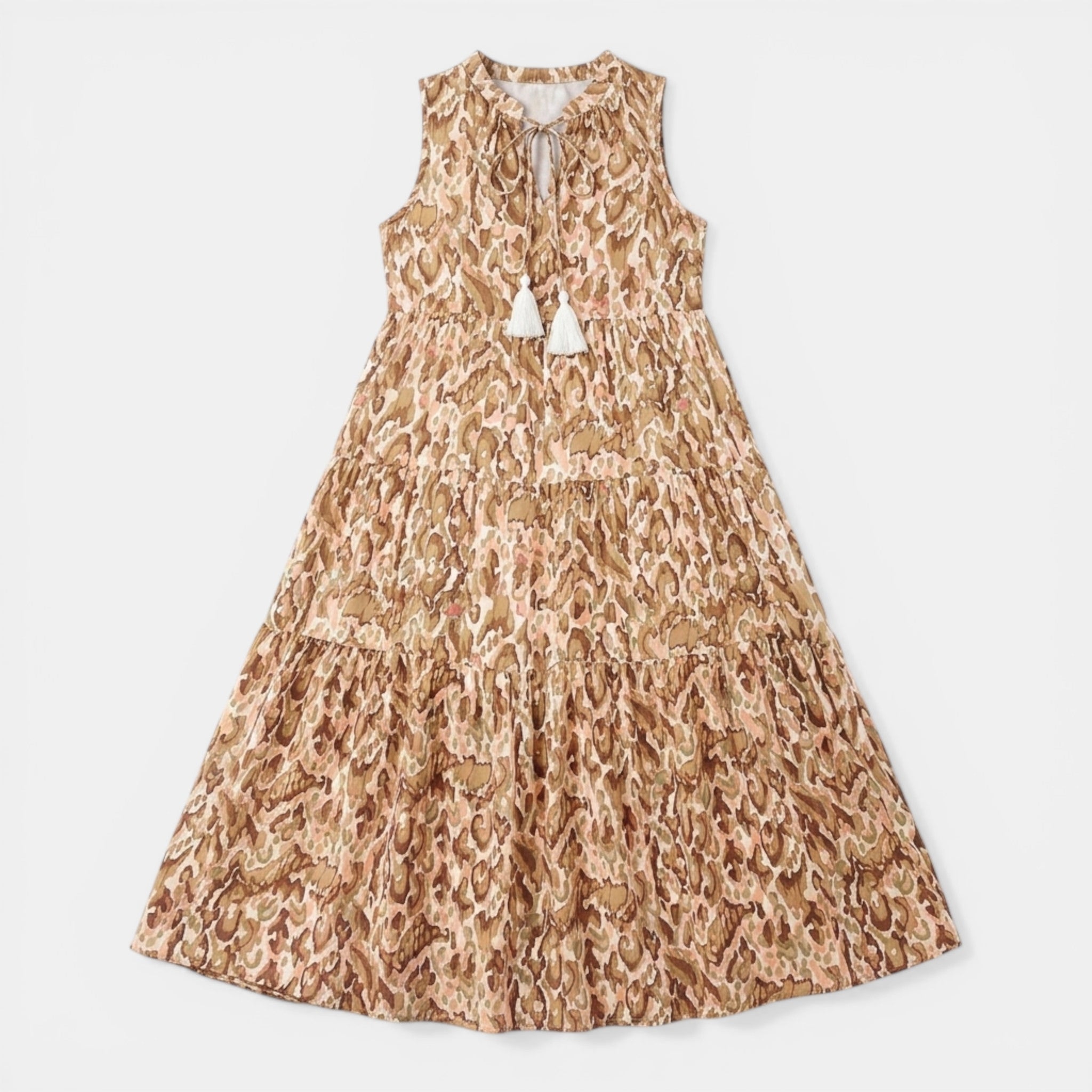 Women’s Printed Midi Dress – Sleeveless Tassel Tie