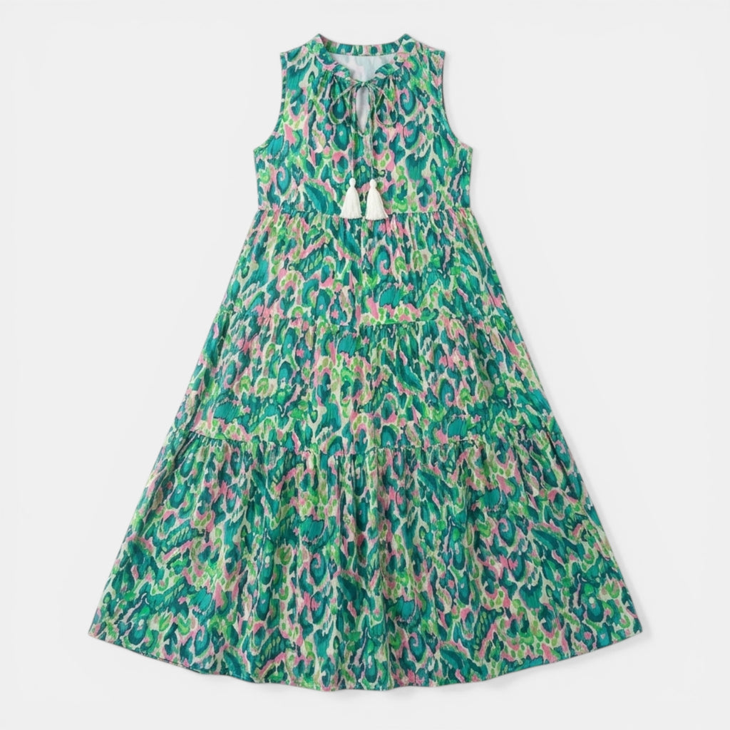 Women’s Printed Midi Dress – Sleeveless Tassel Tie