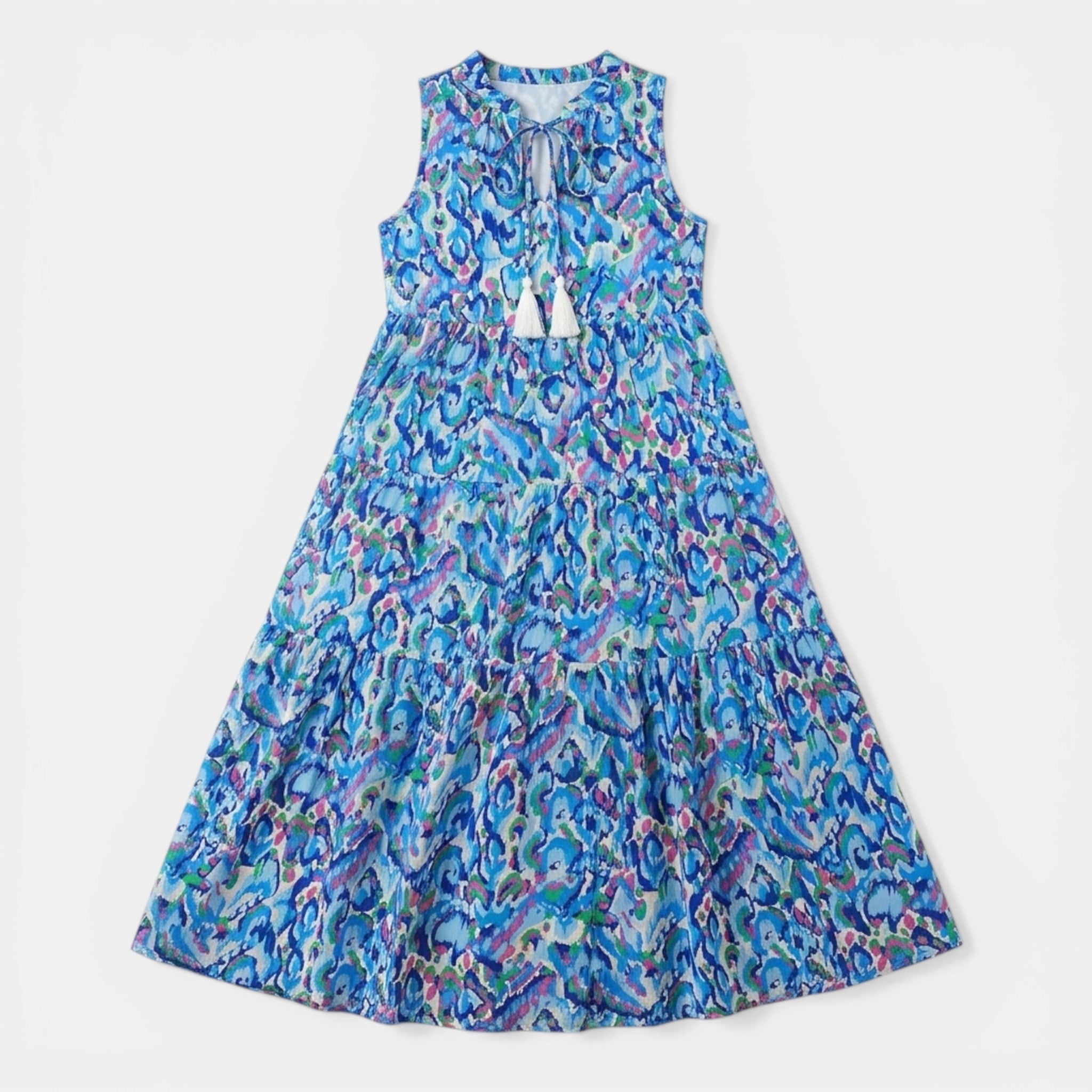 Women’s Printed Midi Dress – Sleeveless Tassel Tie
